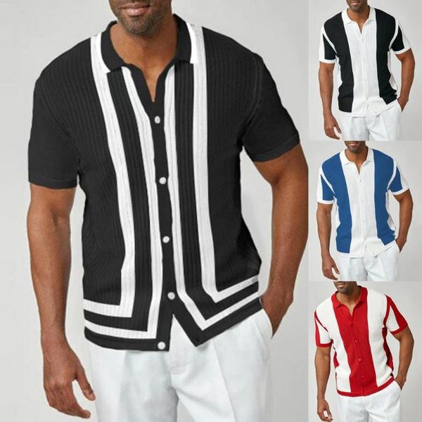 

men's casual shirts 2021 men shirt vintage turn-down collar patchwork buttons ribbing short sleeve breathable knitted streetwear, White;black