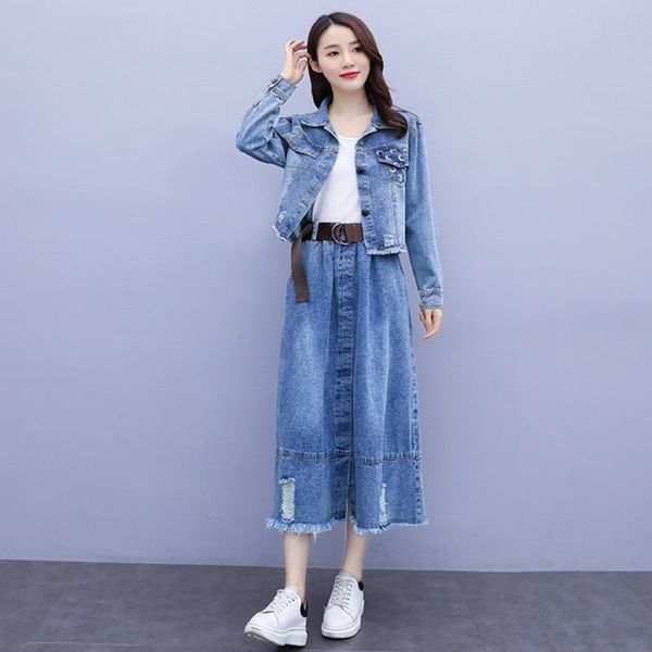 

women's tracksuits spring autumn women jeans sets plus size casual single button short coat and hem hole cowboy skirt two-piece for sui, Gray