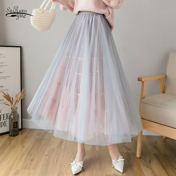

skirts for women spring summer style high waist pleated mesh solid color half length elastic skirt 8962 50 210521, Black