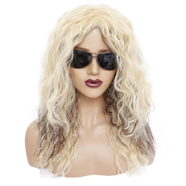 

women long omber blonde wavy culry wig synthetic wig for women cosplay party use female curly hair fluffy nightclub bar wig, Black