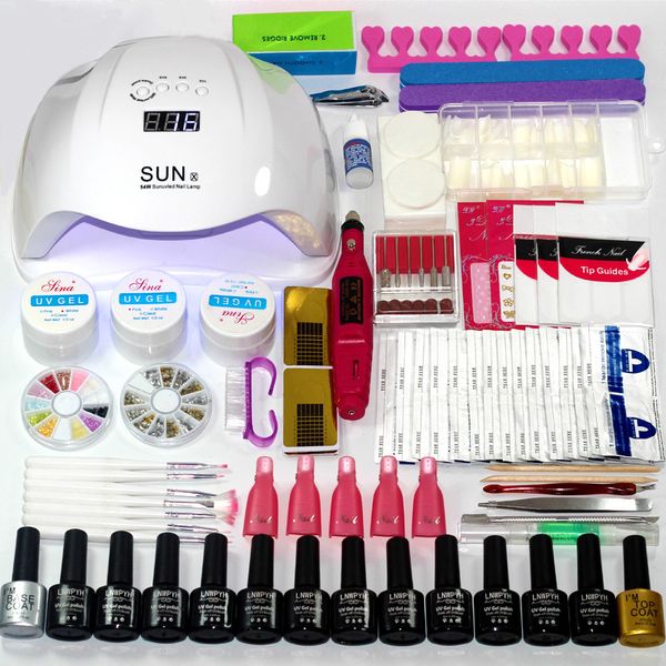 SET Selecione 12/10 Cores Gel Polonês Base Top Coat Kit 24 W / 54W UV LED Lâmpada Lâmpada Elétrica Manicure Manicure Nail Art Set