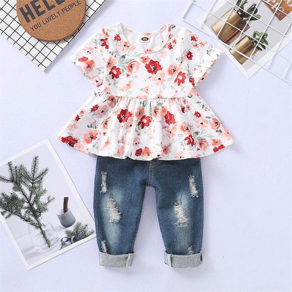 

clothing sets 2021 summer toddlers girls clothes set baby floral print short sleeve ruffle + solid color ripped long jeans suits, White
