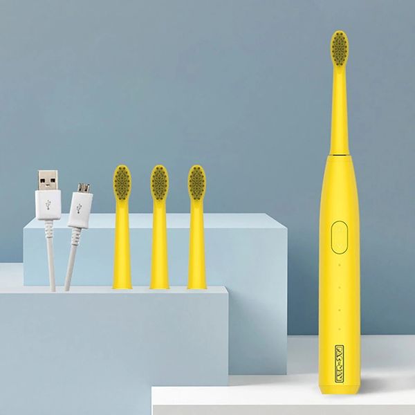 Spazzolino elettrico sonico aggiornato Spazzolino da denti ricaricabile USB impermeabile IPX7 per adulti con 4 testine per l'igiene orale - Giallo