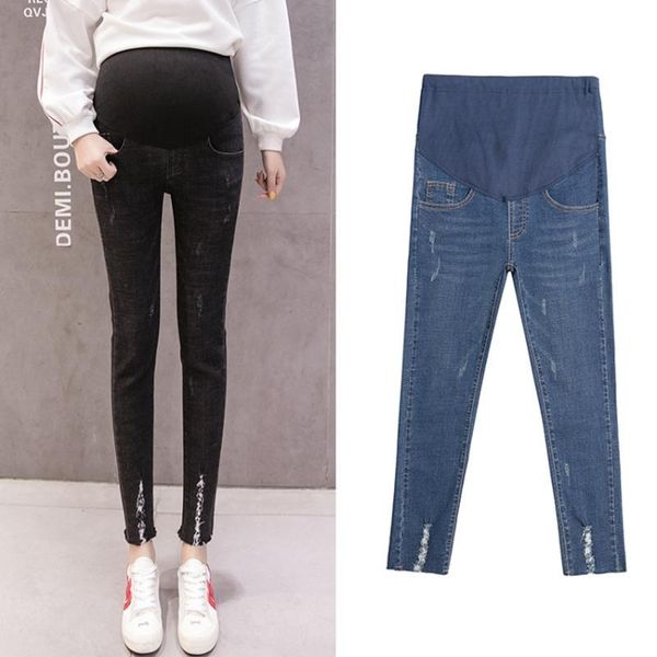 

maternity bottoms fashionable wild pregnant women jeans spring denim trousers nine points pants hole feet, White