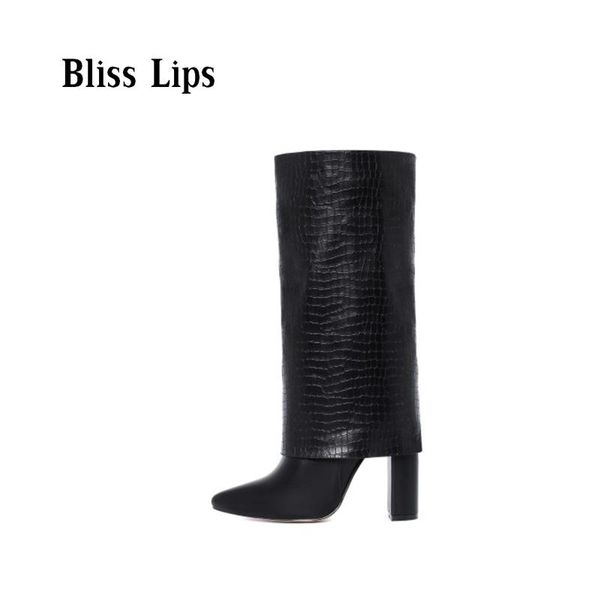 

boots women wedge black fold knee thick high heel pointed toe long female wedges botas bigsize