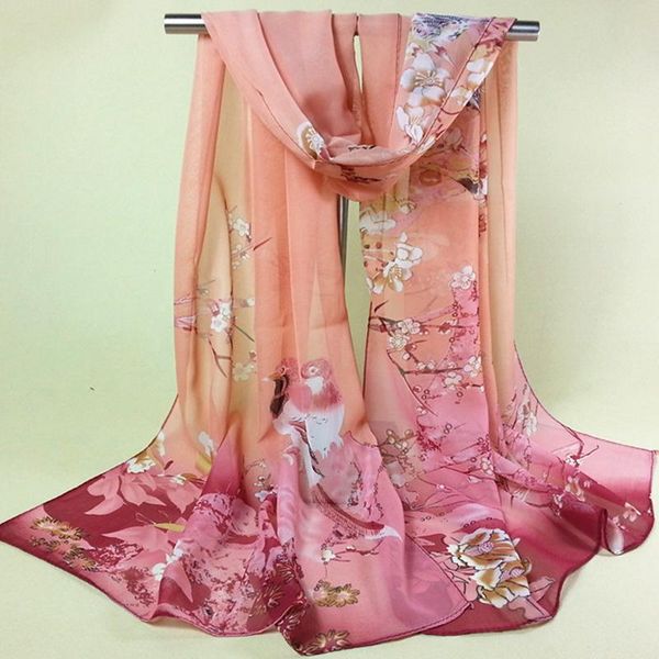 

scarves chiffon scarf women thin flowers printing fashion beach birds shawl cape ladies female plant scarfs wraps, Blue;gray