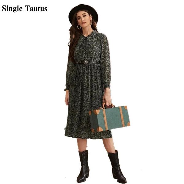 

casual dresses floral print chiffon dress 2021 fall long sleeve bow neck elegant vestido de mujer maxi preppy style england vintage, Black;gray