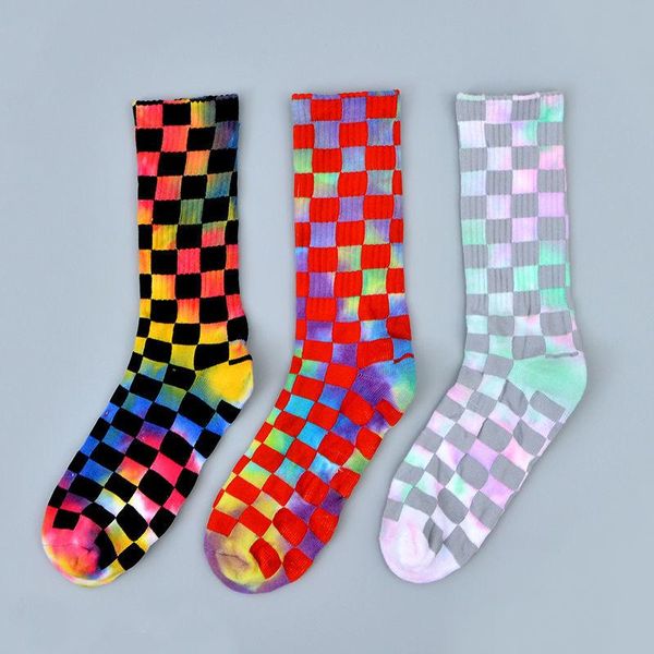 

socks & hosiery checkerboard lattice tie-dye for men and women street stockings terry thickened high-tube skateboard sports, Black;white