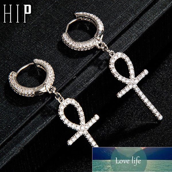 

hip hop 1pair iced zircon ankh cross earring gold color micro paved aaa bling cz stone earrings for men jewelry factory price expert design, Silver