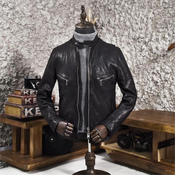 

men's leather & faux 2021 stand collar sheepskin slim fit short motorcycle jacket pockets moto biker rider coat men high quality, Black