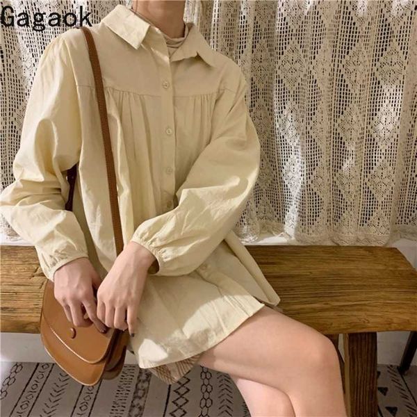 

women streetwear blouse spring autumn turn-down collar puff sleeve solid loose wild sweet female fashion shirts 210531, White