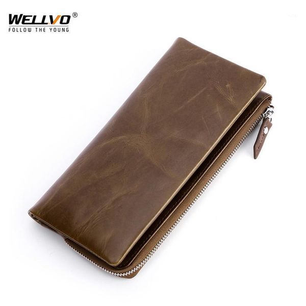 

genuine leather wallet for men vintage cowhide long slim zipper clutch money wallets purse with card holder phone bag male x46c1, Red;black