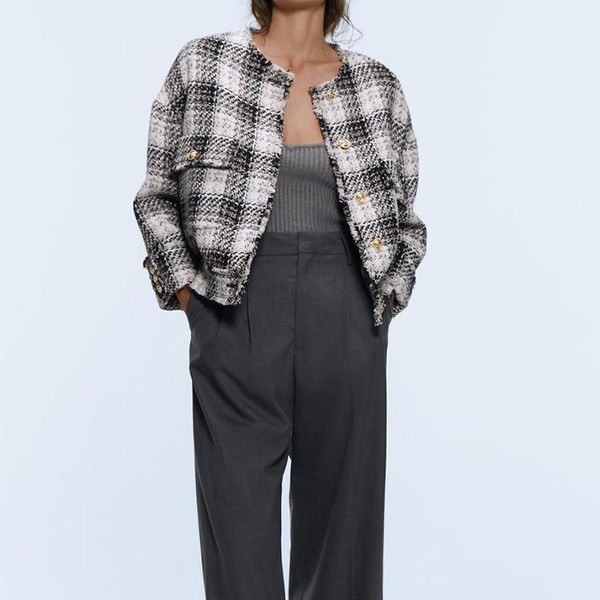 

women's jackets elegant pearls beaded patchwork jacket women autumn plaid outerwear ladies front open tweed o-neck trending products, Black;brown
