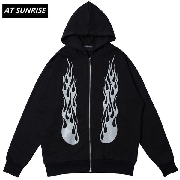 Beiläufige lose Flamme Gedruckt Reißverschluss Hoodies Sweatshirts Herren Hip Hop Hipster Rock Streetwear Hoodie Mode Jumper Tops 210730