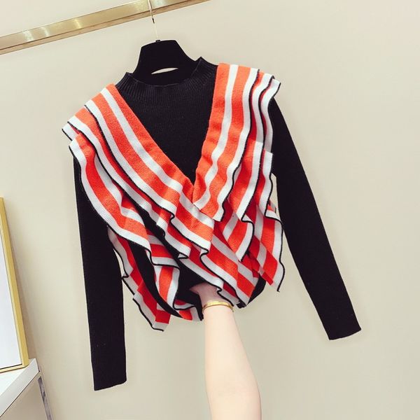 

ruffles irregular stripe sweater women's autumn winter color matching sweaters lady warm knitwear a3830 210428, White;black