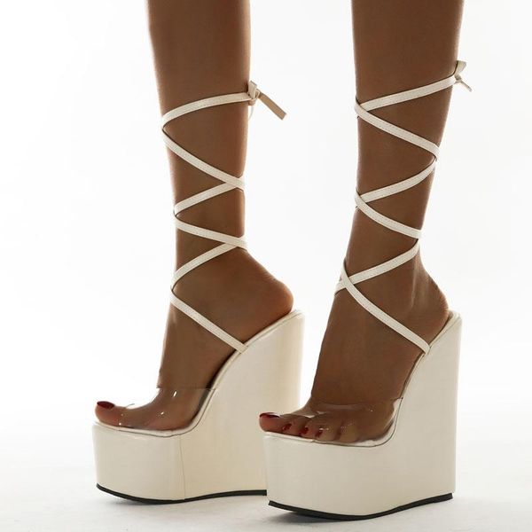 

sandals summer wedges ankle cross-strap lace-up sandalias boots fashion high heels women transparent shoes pumps club, Black