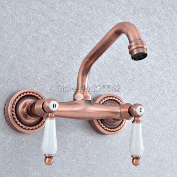 

basin faucets antique red copper wall mounted kitchen bathroom sink faucet dual handle swivel spout cold water tap lsf886
