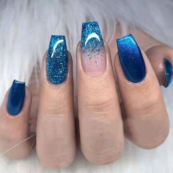 

false nails 24pcs detachable sky blue glitter ballerina coffin fake full cover nail tips with glue women fashion, Red;gold