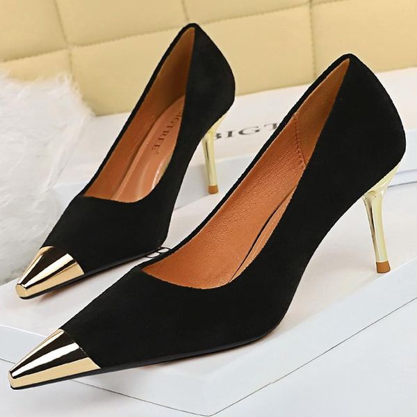 

dress shoes metal tip woman pumps suede women nightclub party heeled stiletto high heels plus size 43, Black