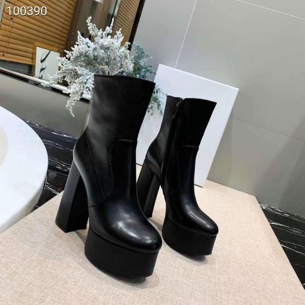 

boots super high heels thick platform real leather leopard print women party booties botas mujer, Black
