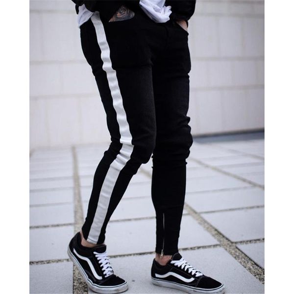 

men denim ripped hole jeans side striped line fashion hip hop skinny pencil for stretch ankle zipper black men's, Blue