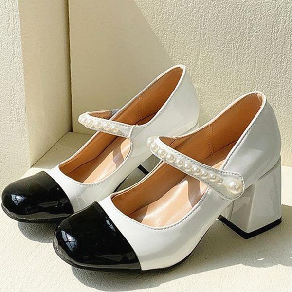 

fashion women shoes square toe mary janes heel black white dress pearl buckle pumps high heels p46