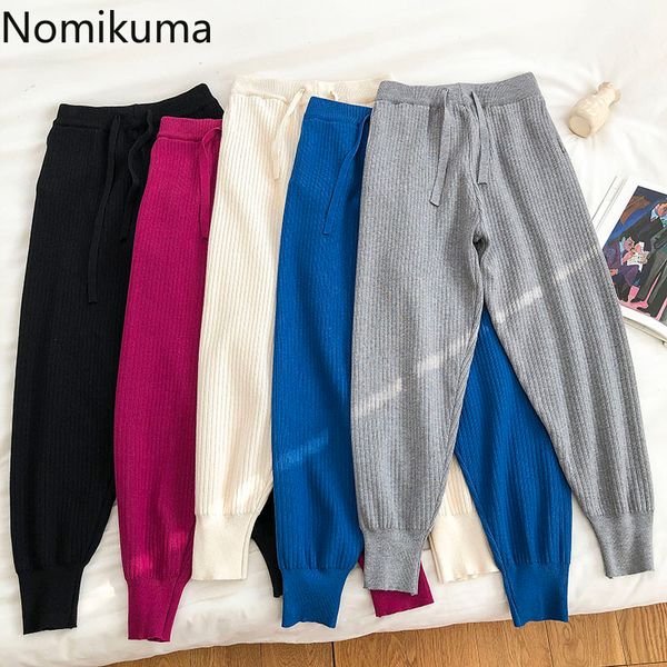 

nomikuma autumn winter women sweater pants lace up high waist knitted harem pants causal solid femme anke trousers 6c965 210427, Black;white