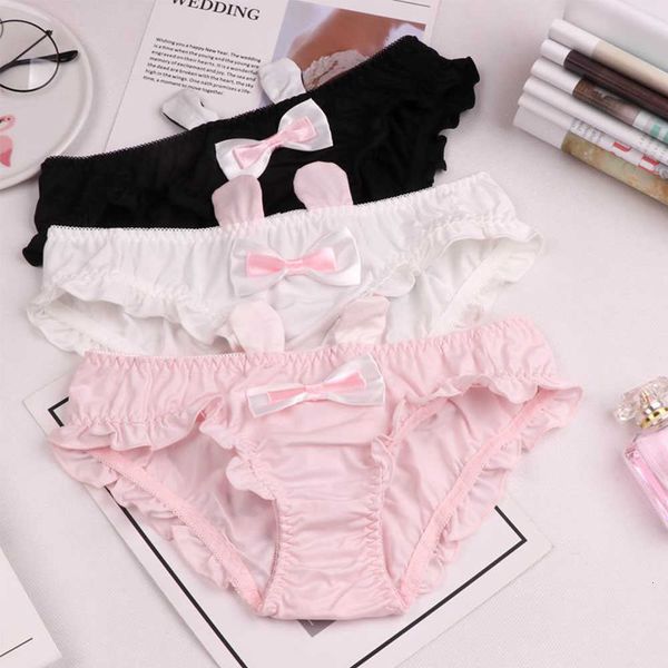 

women's panties lolita girls cute bow cotton underwear women ruffle seamless solid rabbit ears briefs cartoon lingerie student, Black;white