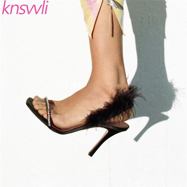 

black satin rhinestone sandals women thin heel crystal ostrich hair runway party shoes woman high heels sandalias mujer