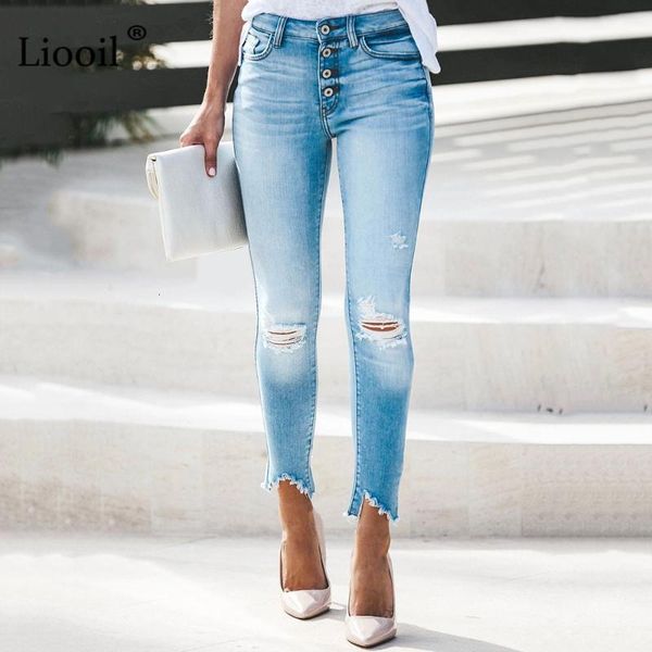 

women's jeans liooil skinny with holes pockets fall winter high waist elastic jean trouser women wash distressed blue denim pants bbnd