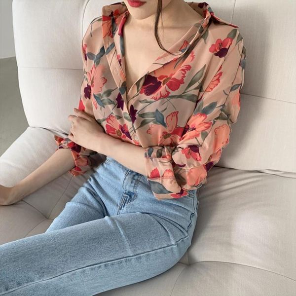 

fashion floral and women shirts spring long sleeve print chiffon blusas, White
