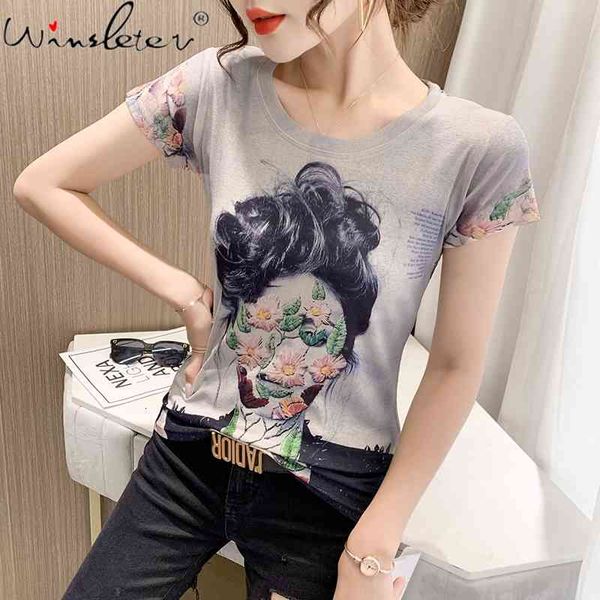 

women's t-shirt summer european style chic elegant women print flower short sleeve bottoming shirt all match slim tees t15710, White