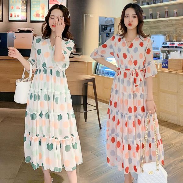 

maternity dresses summer women long loose dress short flare sleeve block color polka dot chiffon po breastfeeding clothes cute, White
