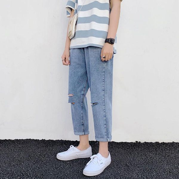 

men's jeans ankle -length ripped guy fashion casual pants korean baggy summer retro student straight wide man, Blue