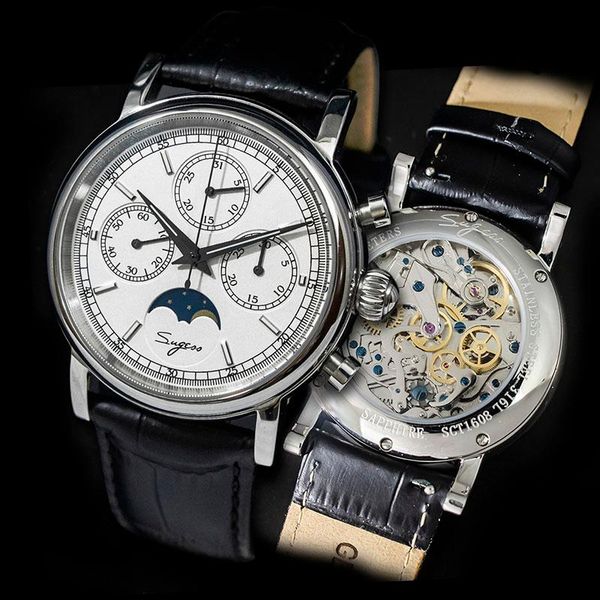 

wristwatches super luminous chronograph mechanical watches men 100% st1908 movement 1963 moon phase nato calendar wristwatch, Slivery;brown