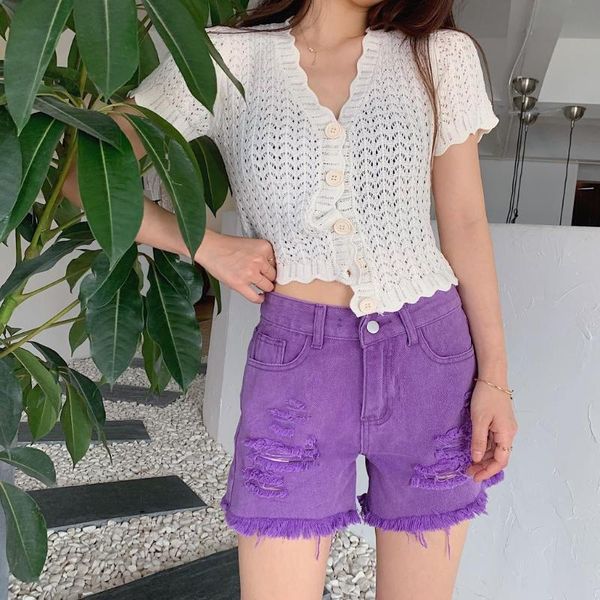 

women's jeans lady fashion purple short cotton worn out washed denim pants, Blue