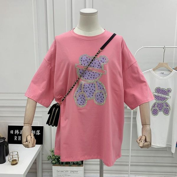 

short-sleeved t-shirt women's fashionable large loose mid-length rhinestone bear western style summer 2021 54eh, Black