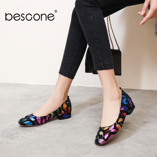 

dress shoes bescone pumps women flowers round toe doodles fashion leaves low heels large size printed chunky bm493, Black
