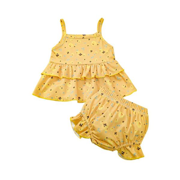 

0-24m infant baby girl clothes floral print yellow sleeveless layered vest+ruffle triangle shorts summer sweet 2pcs clothing sets, White