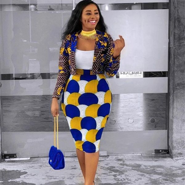 

two piece dress women blazer and skirt set suit fashion print 2 sets outfits for woman office wear slim plus size blazers jackets vyiv, White