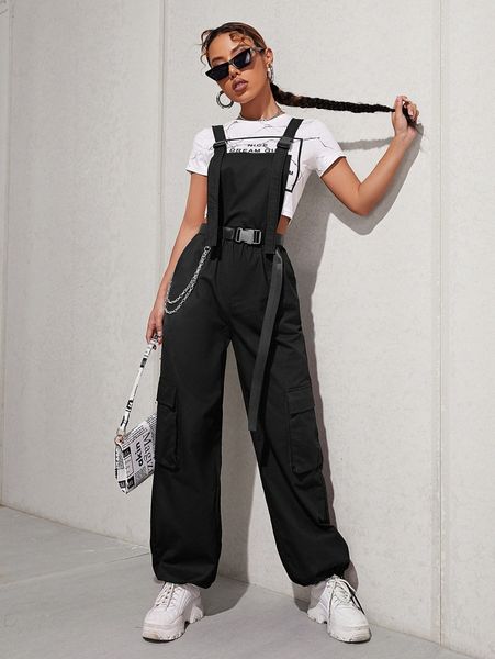 

chain detail flap pocket buckle belted overall jumpsuit without tee 80jt#, White