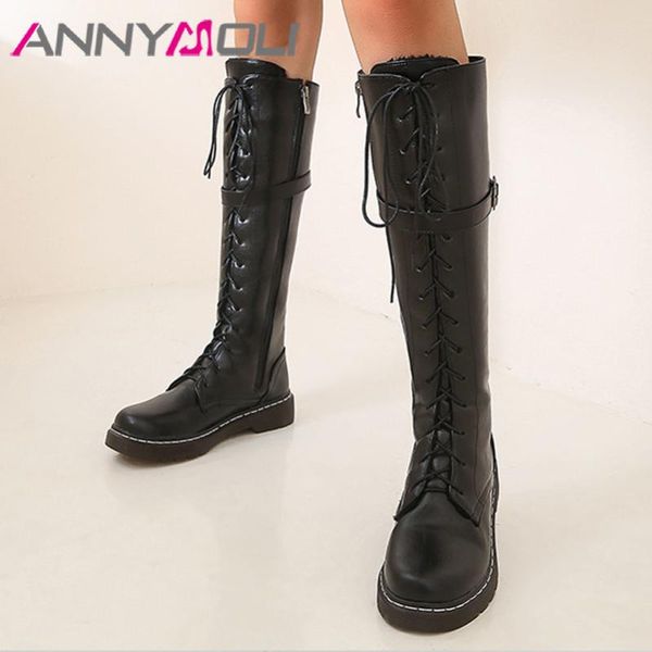

boots annymoli knee high woman flat platform motorcycle buckle zip long lace up ladies shoes autumn winter brown 43, Black