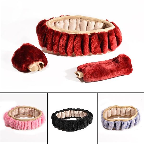 

steering wheel covers 3pcs soft plush spring cover kit with slever+hand brake wool winter warm auto car interior accessory