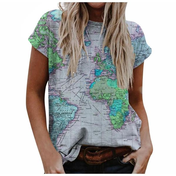 

women's t-shirt map printing casual clothes vintage loose crew neck short sleeve summer y2k t shirt femme ete camisetas, White
