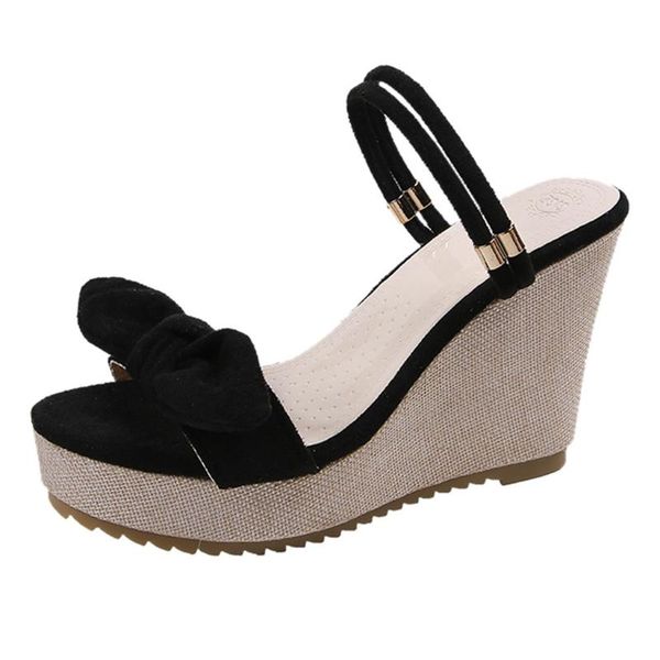 

open toe platform sandals shoes woman high heel outdoor fish mouth bow wedge sandal slip on beach, Black