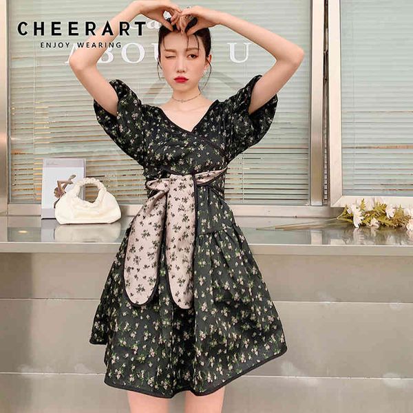 

jacquard japanese fashion wrap dress puff sleeve v neck black short spring summer women ball gown lace up 210427, Black;gray