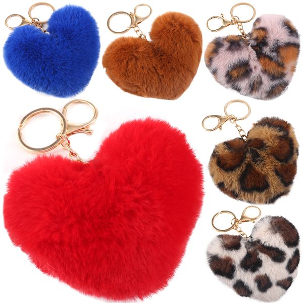 

kimter fluffy heart pompom key rings for women valentine's day faux rabbit fur plush keyfobs holder leopard pompoms keychains p155fa, Slivery;golden