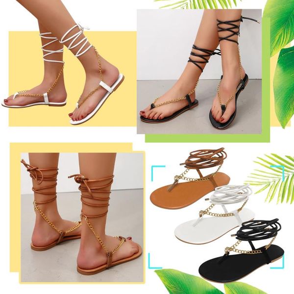 

slippers summer women's flat chain lace up sandals flip flops outdoor round toe shoes, Black