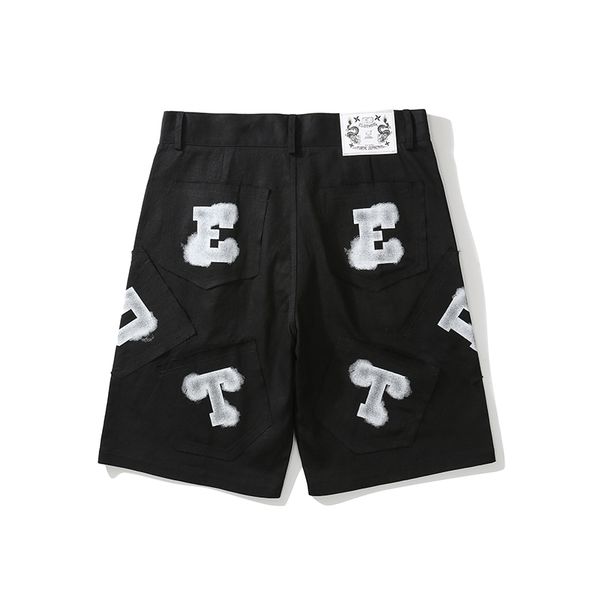 

hip hop letter print straight summer jeans shorts for men ripped washed oversize casual denim five point pants, Black
