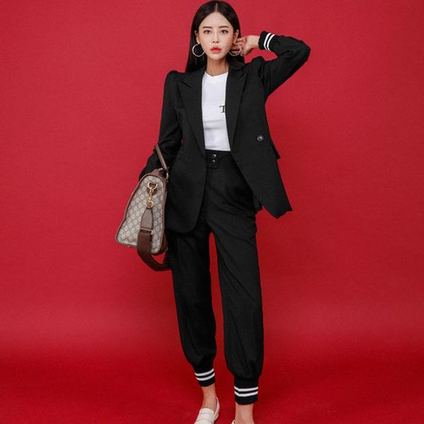 

two piece dress korean style 2 pieces double-breasted notched neck outwear coat high waist long pants ol formal wear to work set, White